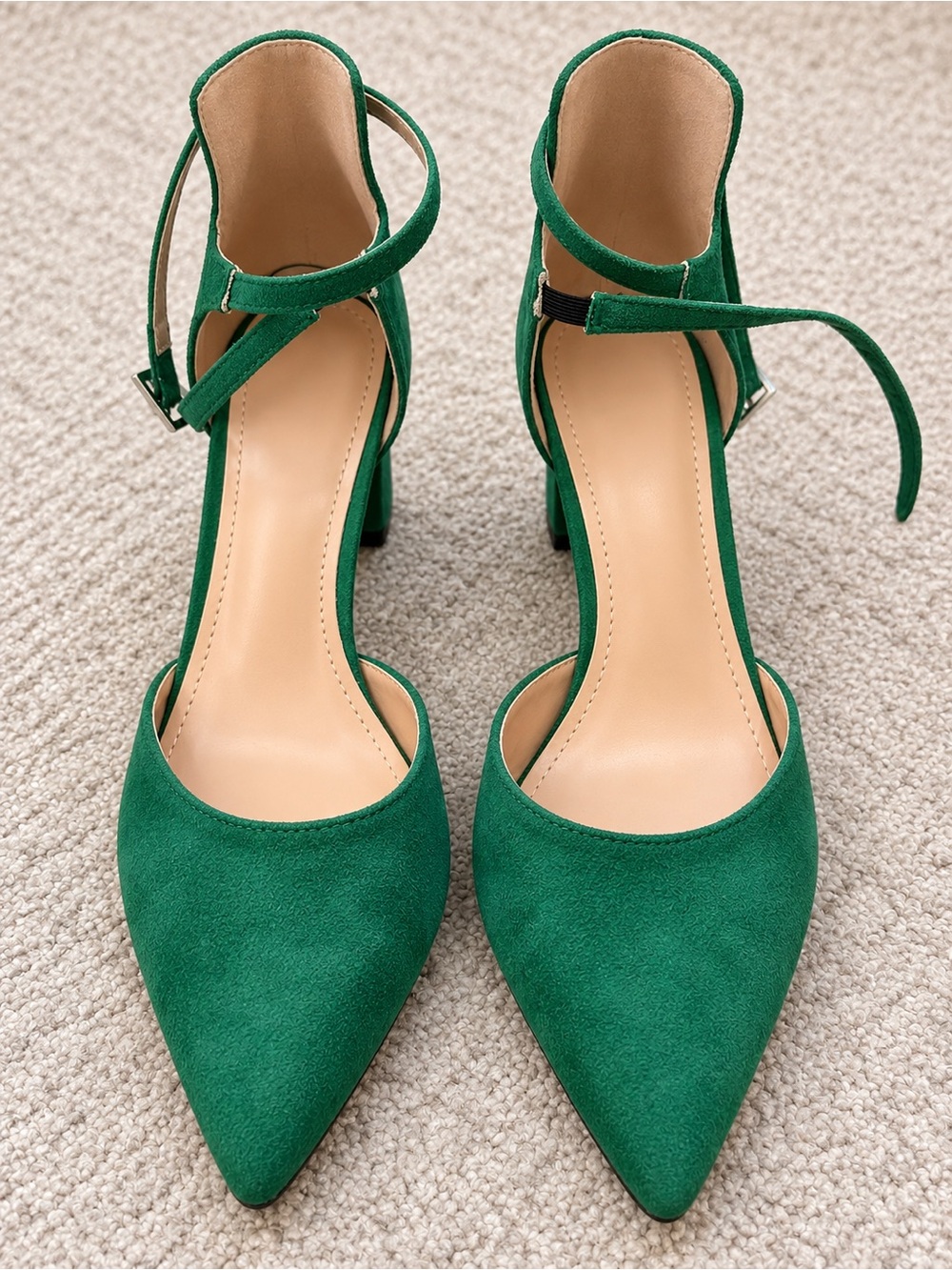 Emerald Green Suede Like Pointed Toe Ankle Strap Heels Size 40
